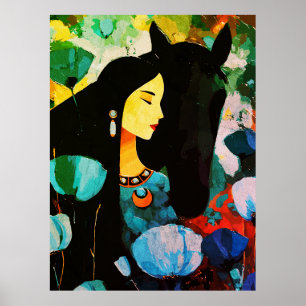 Turkoois Vrouw en Paard Schilderij Poster