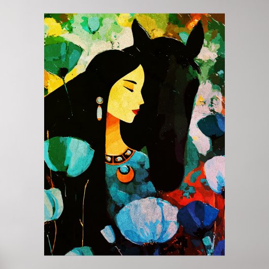 Turkoois Vrouw en Paard Schilderij Poster (Voorkant)