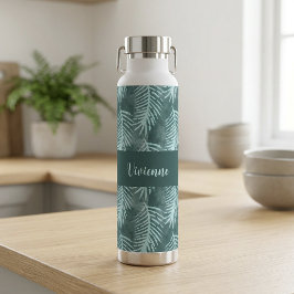 Turkoois Waterverf Tropisch Blad Monogram Naam Waterfles