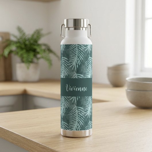 Turkoois Waterverf Tropisch Blad Monogram Naam Waterfles
