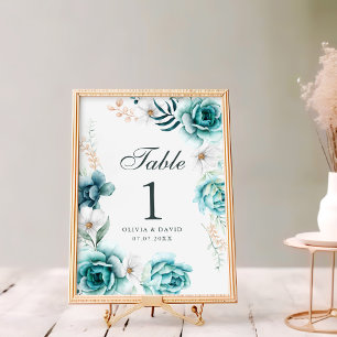 Turkoois Wildbloem Huwelijk Tafel Nummer Bord
