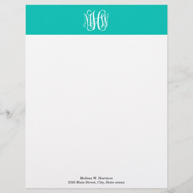 Turkoois Wit 3 Initialen Wing Rankschrift Monogram Briefhoofd (Voorkant)