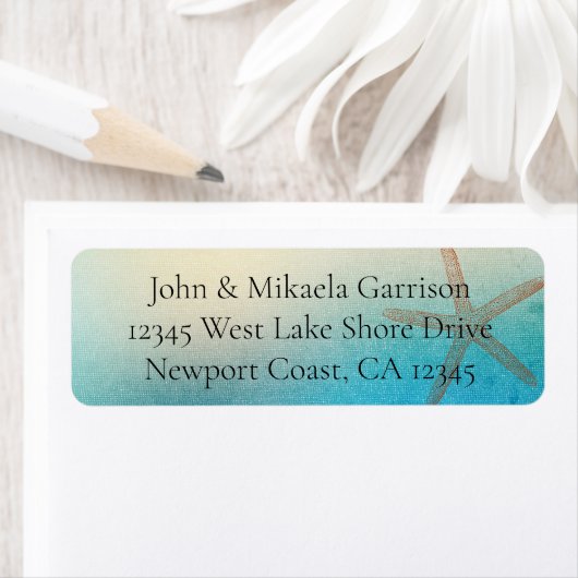 Turkoois Wit Aqua Blauw Strand Zeesterren Trouwen Etiket (Insitu)