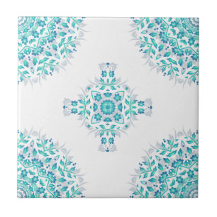 Turkoois Wit Bloemen Geometrisch Patroon Mandala Tegeltje