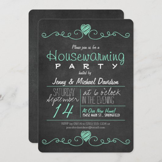 Turkoois & Wit Krijtbord Housewarming Party Kaart (Voorkant / Achterkant)