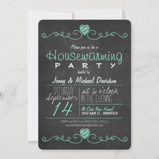 Turkoois & Wit Krijtbord Housewarming Party Kaart (Voorkant)