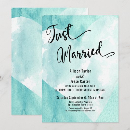 Turkoois Wit Waterverf Hart Net Getrouwd Lettertyp Kaart (Voorkant / Achterkant)