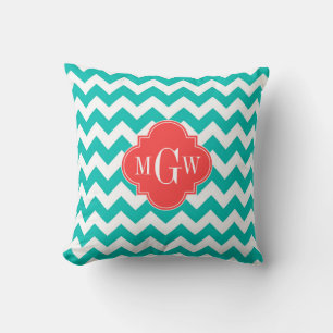 Turkoois Witte Chevron Koraal Quatrefoil 3 Monogra Kussen
