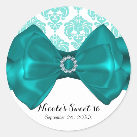 Turkoois & Witte Damast Chic Strik Glam Sweet 16 F Ronde Sticker (Voorkant)