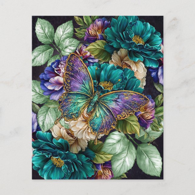 Turkoois Witte Paarse Bloemen & Vlinders (Voorkant)