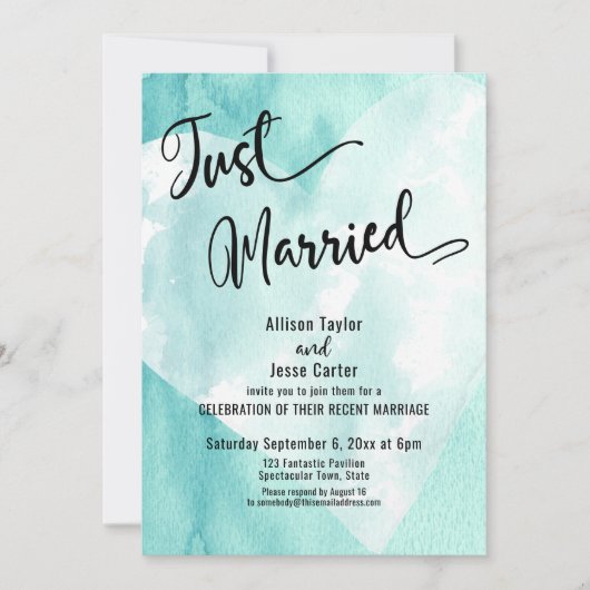 Turkoois Witte Waterverf Hart Net Getrouwd Lettert Kaart (Voorkant)