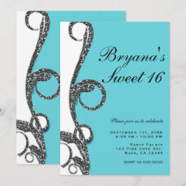 Turkoois Witte Zilveren Glitterswirl Sweet 16 Fees Kaart