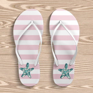 Turkoois zeester roze en witte strepen kinder teenslippers