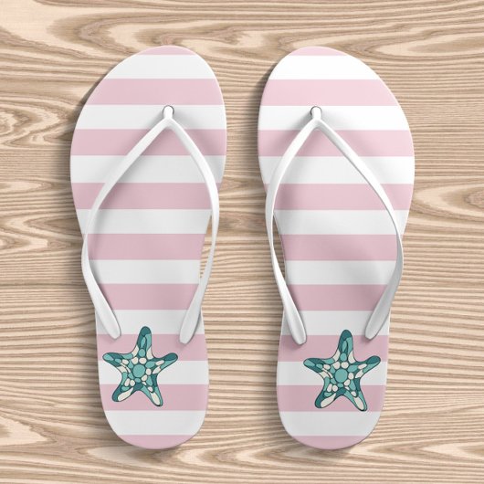Turkoois zeester roze en witte strepen kinder teenslippers