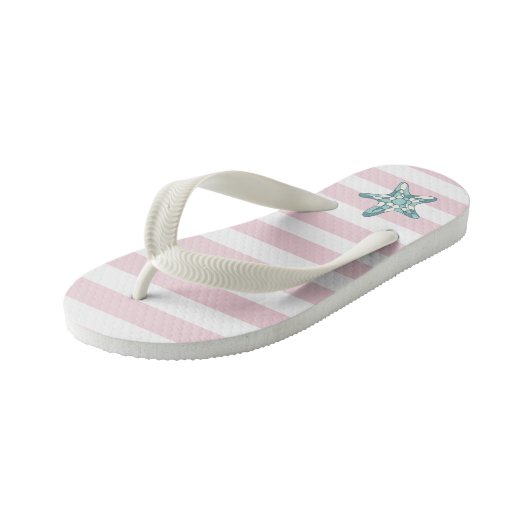 Turkoois zeester roze en witte strepen kinder teenslippers (Schuin)