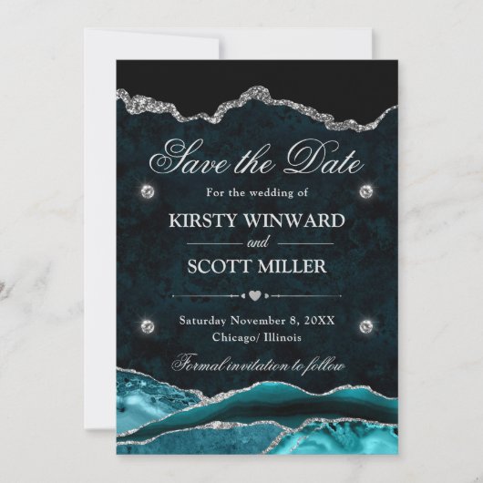 Turkoois Zilver Glitter Marmer Agaten Save the Dat Date (Voorkant)