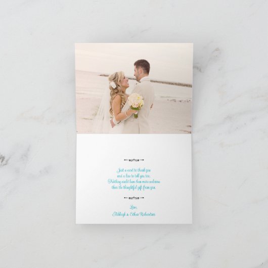 turkoois, zwart damast liefde harten bruiloft bedankkaart (Binnen)