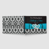 turkoois, zwart damast liefde harten bruiloft gastenboek (Volledig)