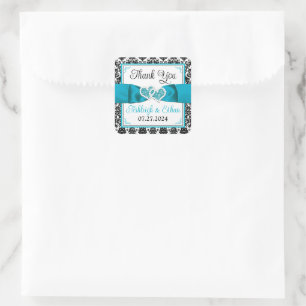 turkoois, zwart damast liefde harten bruiloft guns vierkante sticker