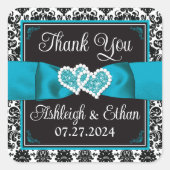 turkoois, zwart damast liefde harten bruiloft guns vierkante sticker (Voorkant)