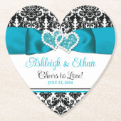 turkoois, zwart damast liefde harten bruiloft kartonnen onderzetters (Voorkant)