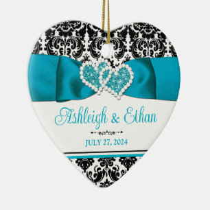 turkoois, zwart damast liefde harten bruiloft keramisch ornament