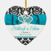turkoois, zwart damast liefde harten bruiloft keramisch ornament (Voorkant)