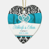turkoois, zwart damast liefde harten bruiloft keramisch ornament (Links)