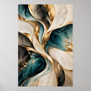 Turkoois Zwart Goud Sculpturale Stroom Abstracte W Poster