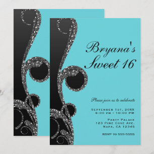 Turkoois & Zwart Zilver Glitter Draai Sweet 16 Fee Kaart