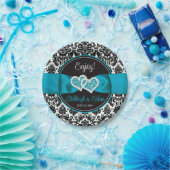 Turkoois, Zwarte Damast Liefdes Hartjes Bruiloft Papieren Bordje (Feest)