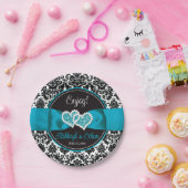 Turkoois, Zwarte Damast Liefdes Hartjes Bruiloft Papieren Bordje (Feest)