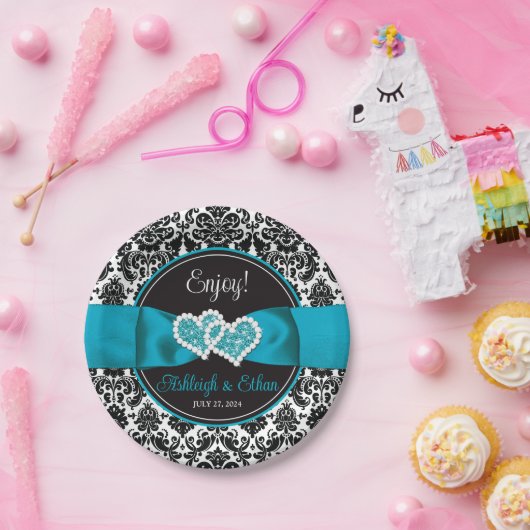 Turkoois, Zwarte Damast Liefdes Hartjes Bruiloft Papieren Bordje (Feest)