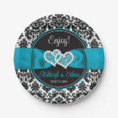 Turkoois, Zwarte Damast Liefdes Hartjes Bruiloft Papieren Bordje (Voorkant)