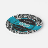 Turkoois, Zwarte Damast Liefdes Hartjes Bruiloft Papieren Bordje (Gekanteld)