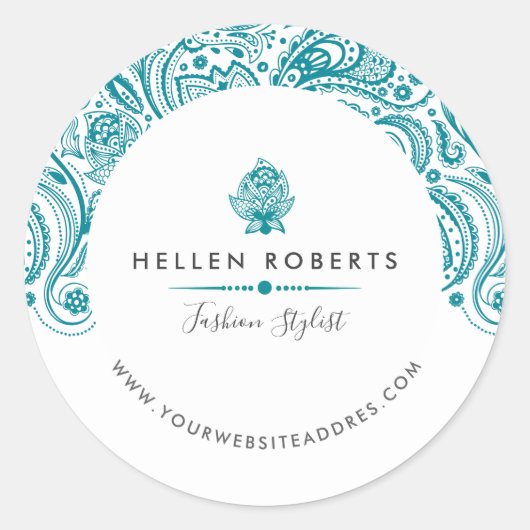 Turkooisblauw Paisley Kant Ronde Sticker (Voorkant)