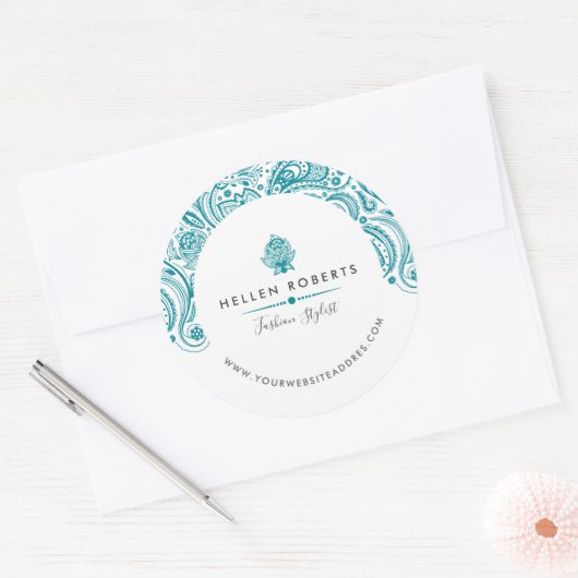 Turkooisblauw Paisley Kant Ronde Sticker (Envelop)