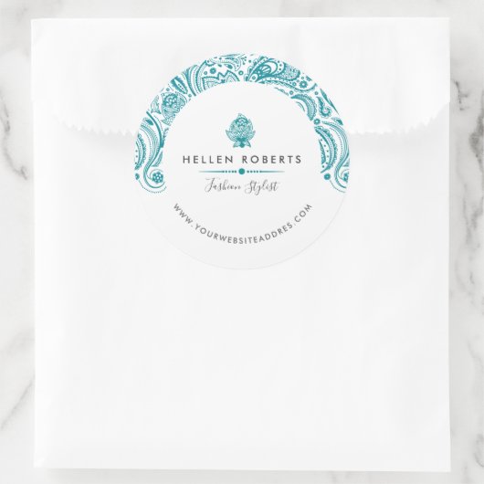 Turkooisblauw Paisley Kant Ronde Sticker (Tas)