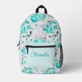 Turkooisblauwe Rozen, grijze strepen en monogram Bedrukte Rugzak (Voorkant)