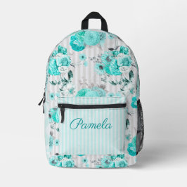 Turkooisblauwe Rozen, grijze strepen en monogram Bedrukte Rugzak