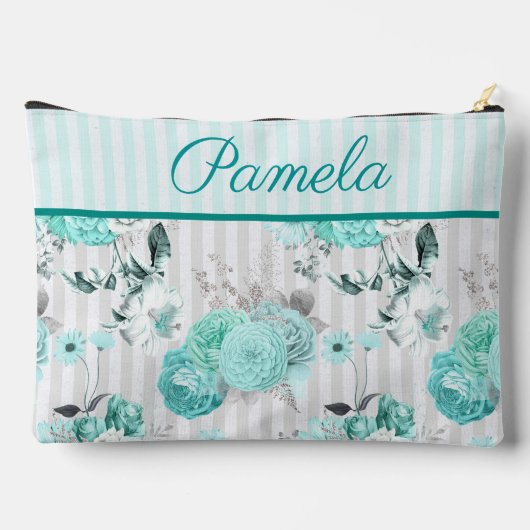 Turkooisblauwe Rozen, grijze strepen en monogram Etui (Achterkant)