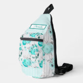 Turkooisblauwe Rozen, grijze strepen en monogram Sling Bag (Rechterhoek)