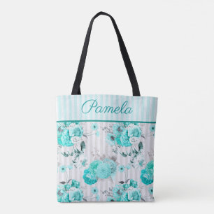 Turkooisblauwe Rozen, grijze strepen en monogram Tote Bag