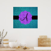 Turkooise glitter paarse rozen monogram poster (Keuken)