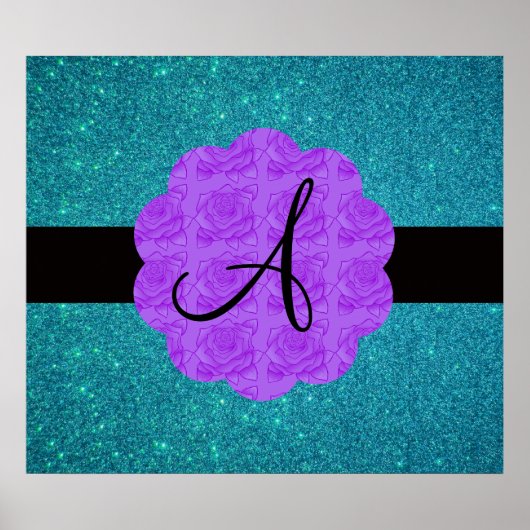 Turkooise glitter paarse rozen monogram poster (Voorkant)