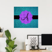 Turkooise glitter paarse rozen monogram poster (Thuiskantoor)