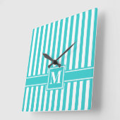 Turkooise Moderne Streep met Monogram Vierkante Klok (Hoek)