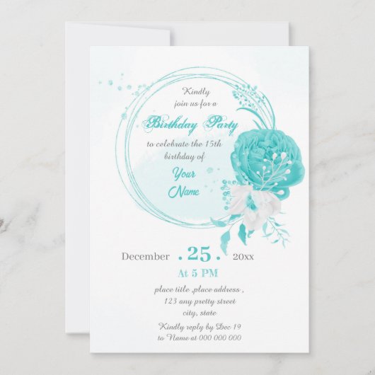 turkooise witte floral wreatparty kaart (Voorkant)
