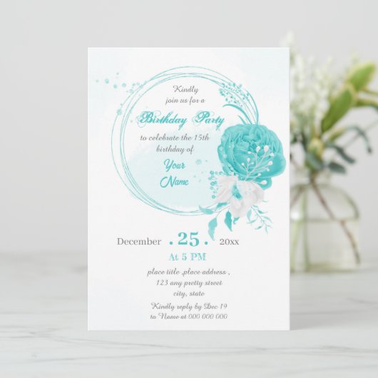 turkooise witte floral wreatparty kaart (Staand voorkant)