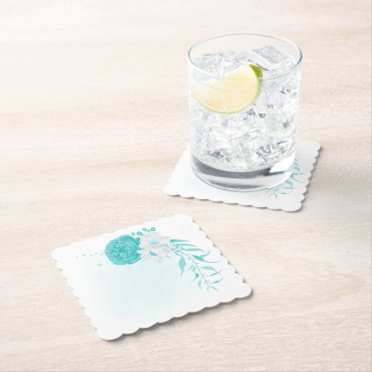 turkooise witte florale bruiloft kartonnen onderzetters (Insitu)